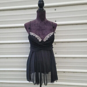 Ambrielle Lace Slip Babydoll Night Dress Teddy Lingerie Black Mesh Stretch Large